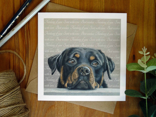 Realistic Rottweiler pencil art card by Norfolk artist Jess Myers